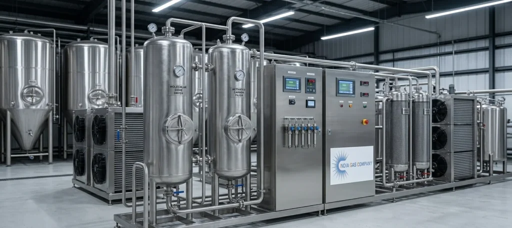 Food and Beverage Grade CO2 Purification Train Multi-stage CO2 purification system with molecular sieve dryers for beverage grade CO2.