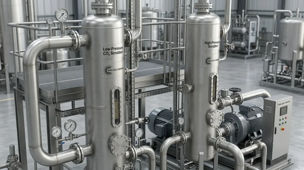 CO₂ Gas Scrubbing System for Purification Stainless steel CO₂ gas scrubbers used for impurity removal in a recovery plant