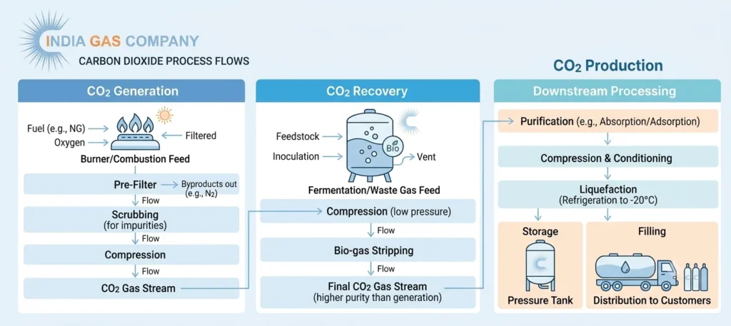 Comparison of CO2 Plant Types Diagram comparing CO2 generation plants, CO2 recovery plants, and CO2 production plant workflow.
