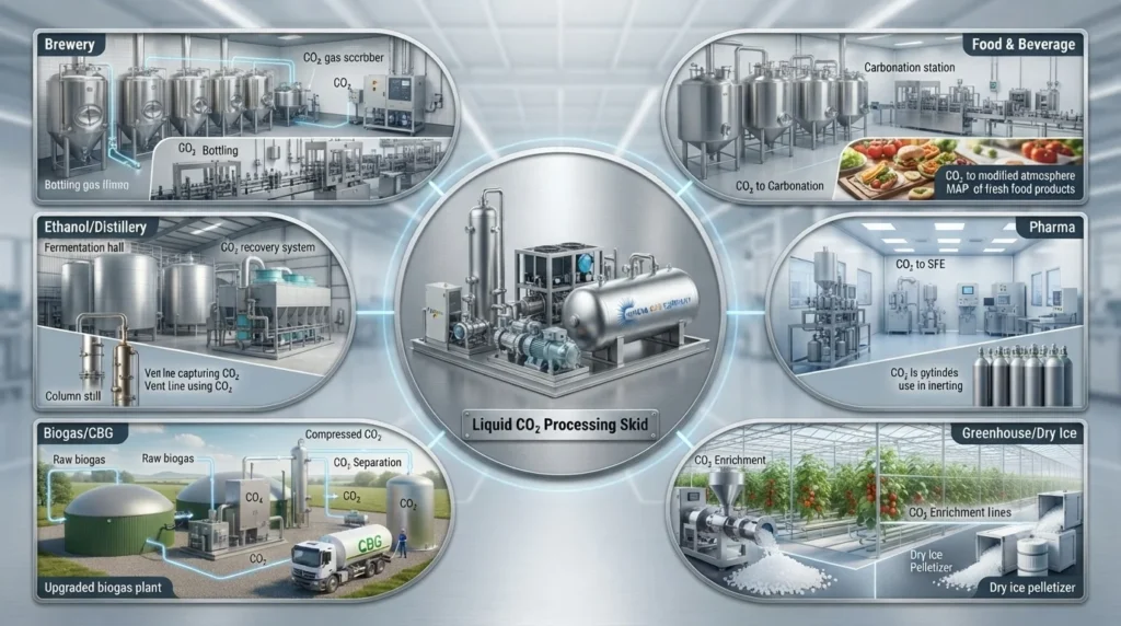 CO2 plant applications in food beverage brewery ethanol biogas pharmaceutical greenhouse and dry ice industries