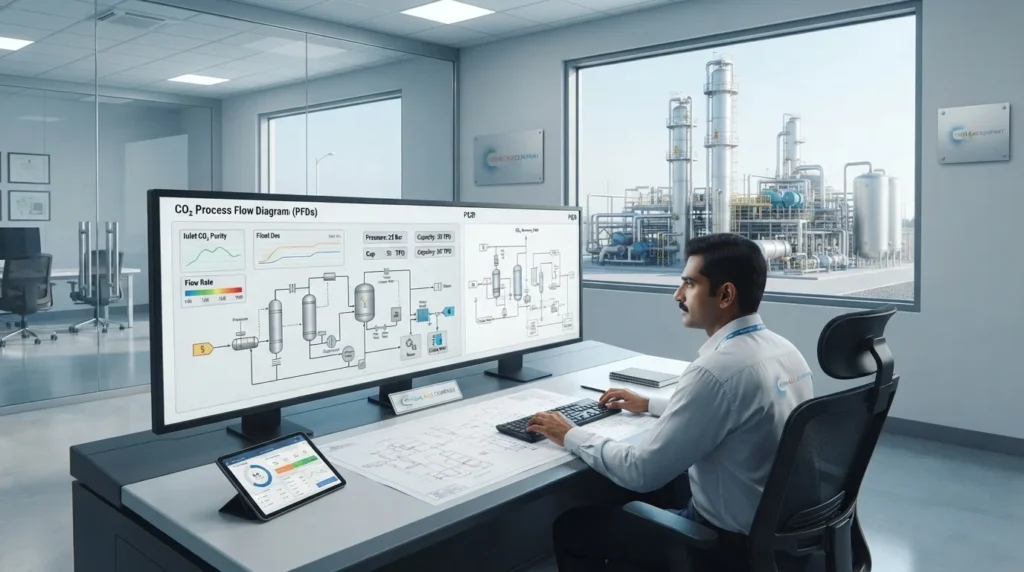 CO2 plant engineering design based on feed gas composition capacity purity pressure and site conditions