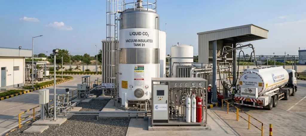 Liquid CO2 Bulk Storage and Filling Infrastructure Vertical vacuum insulated liquid CO2 storage tank with cylinder filling station.