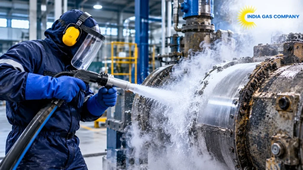 Dry ice blasting on industrial equipment