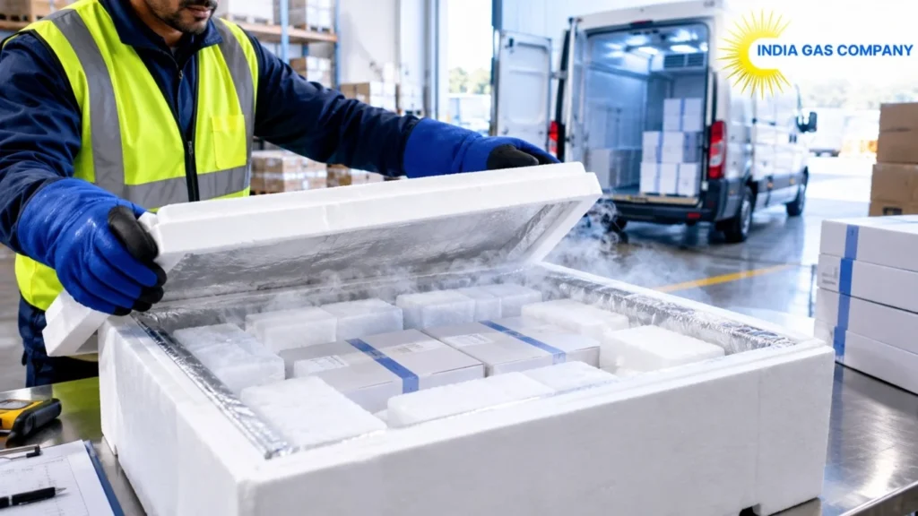 Dry ice for cold chain transportation in insulated packaging