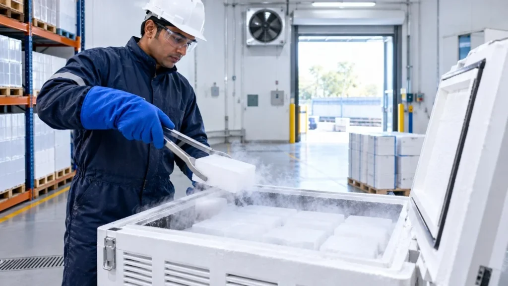 Dry ice stored safely in a ventilated insulated container